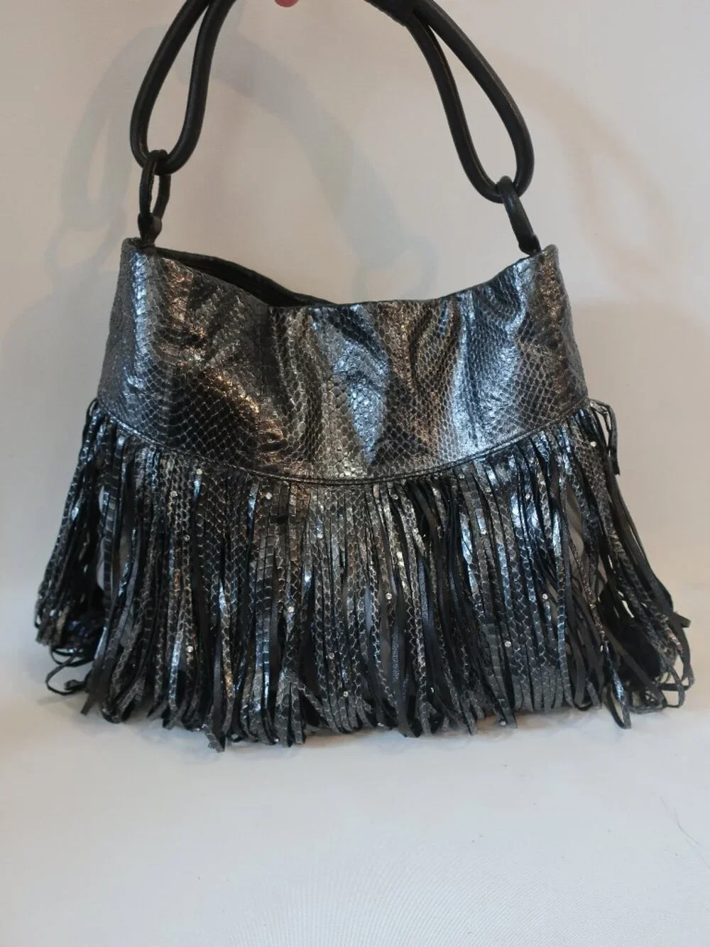 Womens Katherine Kwei Black Leather Snakeskin Texture Fringe Rhinestone Hobo Bag